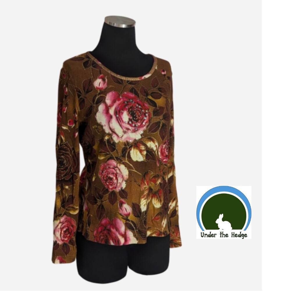 Vtg Y2K Brown Rose Print Embellished Cotton Top Medium Fairy Grunge Indie